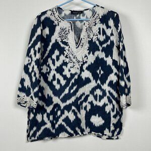 Jones New York Womens 3/4 Sleeve Linen Tunic Top Size Large Navy Ikat Pattern